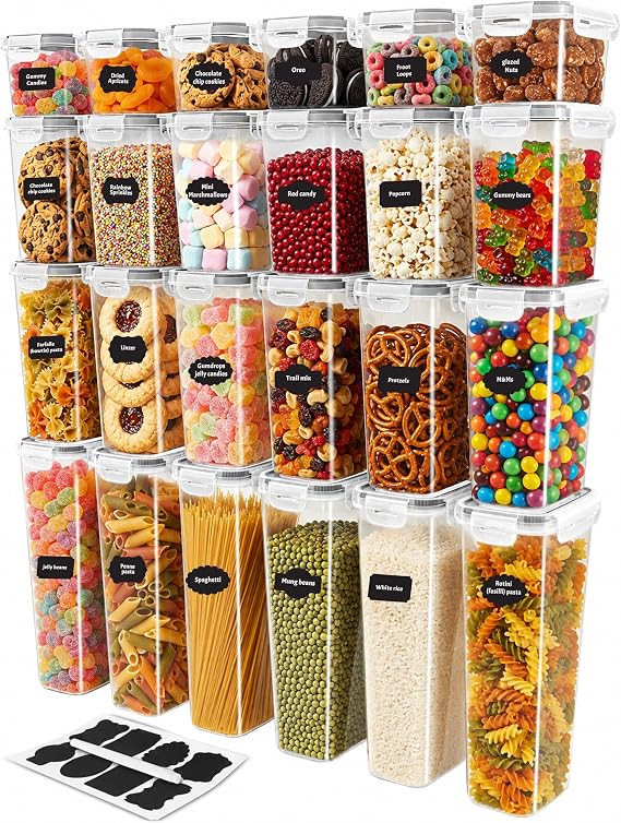 KICHLY Plastic Airtight Food Storage Containers Sets with Lids 24 Pack BPA-Free Kitchen Pantry Organizers and Storage for Cereal, Flour, Sugar & Dry Food (Clear)