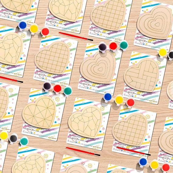 xFFFun Valentines Day Gifts for Kids - 28 Pack DIY Wooden Heart Painting Kit with Valentines Cards for Kids Classroom Boys Girls Gifts Exchanges Valentines Party Favors Art Supplies