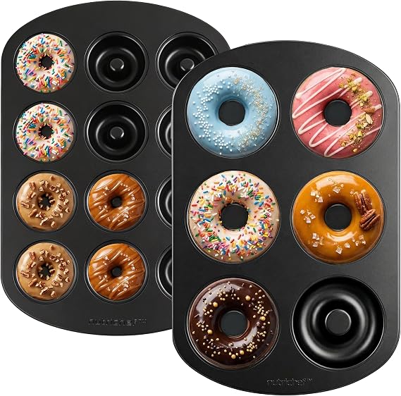 NutriChef Variety 2 Pack Full & Mini Donut Pan for Baking | One 12-Cavity Mini Donut Pan & One 6-Cavity Full Size Donut Pan for Baking | Carbon Steel Bagel Molds | Oven Safe Up To 450F | Black
