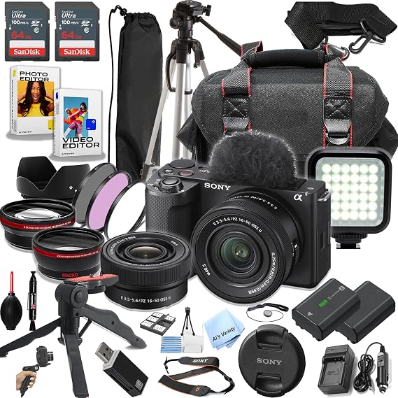 Sony ZV-E10 II Mirrorless Camera with 16-50mm Lens + 128GB Memory, LED Video Light, Case, Gripster Tripod,Filters, Lenses and More (Value Bundle)
