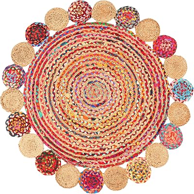 RIANGI - 4 Round Handwoven Jute Chindi Area Rug - Colorful Boho Rugs for Living Room - Hand Braided Multicolor Bohemian Rug for Farmhouse, Bedroom, Dining Room, Classroom, Hallway, Kitchen, Office