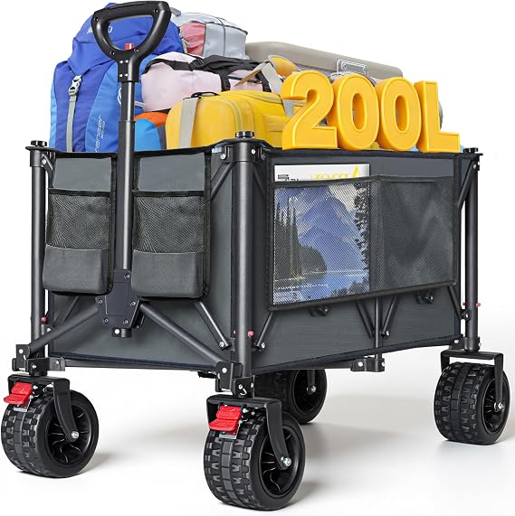 COMLAX FIELD Festival Trolley on Wheels, 200L 200KG Camping Trolley, Grey | Adjustable Folding Beach Cart, Foldable Collapsible Wagon, with Wide Wheel Cup Holder, for Outdoor/Shopping/Garden/Picnic