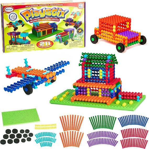 POPULAR PLAYTHINGS Playstix Deluxe Set, 211 Piece, Building Sticks Kit | for Kids Ages 4 and Up, Construction Stem Building Toy Gift, for Boys & Girls, for Kids