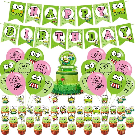 The Frog of Keroppi Birthday Party Decorations, Cartoon Big-Eyed Frog Theme Birthday Supplies set with Happy Birthday Banner,Cake Toppers,Balloons for Cartoon Party Supplies Decor