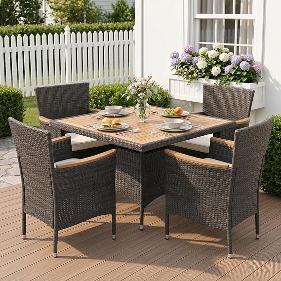 Wisteria Lane Rattan Patio Table and Chairs Set with Acacia Wood Tabletop