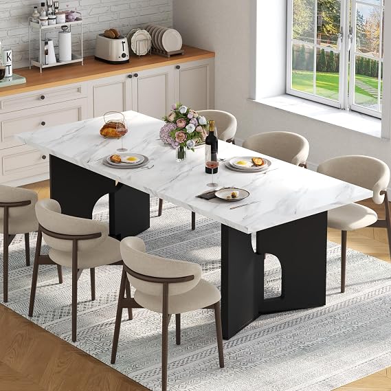 86.6" Modern Dining Table for 6-10 People,Long Kitchen Tables with Wooden Black V Shaped Frame Legs,Rectangular Dinner Table with Imitation Marble Tabletop for Kitchen, Dining Room(Only Table