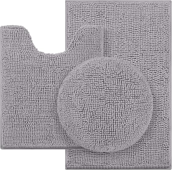 HOMEIDEAS Bathroom Rugs Sets 3 Piece, Chenille Bath Rugs Soft Absorbent Non Slip Washable Bath Mats with Toilet Lid Cover, Perfect for Bathroom(Grey)