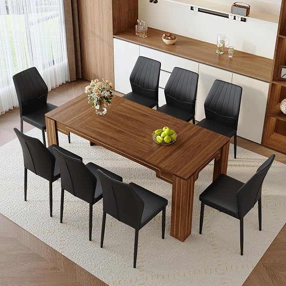 71" Farmhouse Dining Table Set for 8, Four-Plank Walnut-Color Tabletop, Gold-Painted Grooves, Rectangular Kitchen Table with 8 PU Leather Chairs for Dining Room, Living Room, Apartment