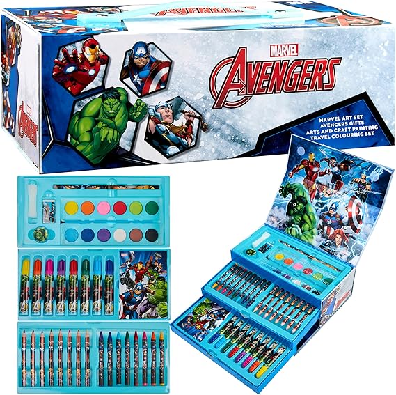 Marvel Art Case for Kids with Colored Pencils Markers Crayons Watercolors Drawing Supplies Travel Art Kit Gifts for Kids (Multicolor Avengers)