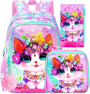 3Pcs Cat Backpack for Girls, 16 Kids School Backpacks with Lunch Box, Bookbag for Elementary Preschool KindergartenPink