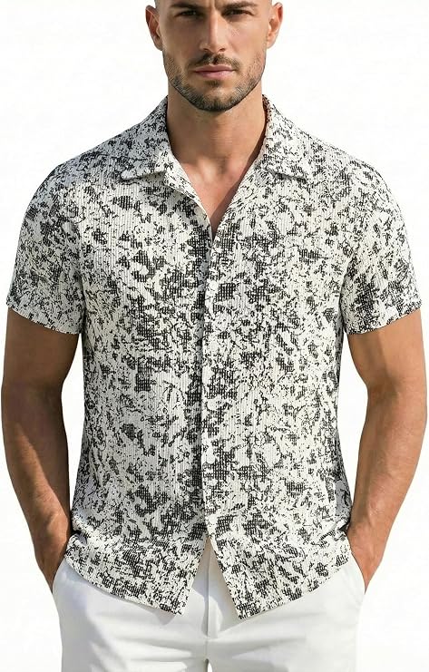 Mens Casual Shirts with Tropical Print, Short Sleeve and Notched Collar Design