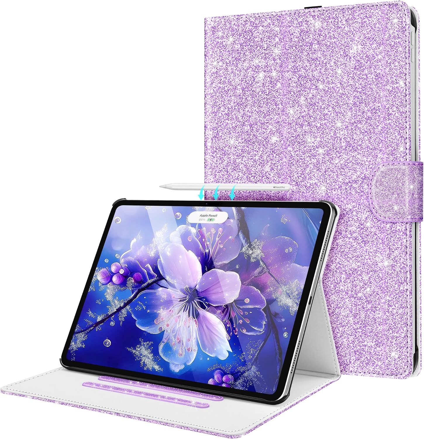 iPad Pro 13インチ用ケース 2024 M4 ペンシルホルダー付き キラキラ光るサポート Pencil Pro PencilUSB-CPUレザースリムフォリオ3スタンド 磁気自動ウェイク/スリープ耐性 iPad Pro 13用 パープル