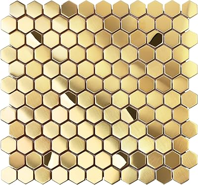 Hexagon Gold Backsplash Tile, Mosaic Sheets 12x12 Mesh Mounted Golden 1 Inch, Brushed Shiny Gold Tiles for Kitchen Bathroom Shower Wall Floor Accent Tile Hotel Lobby Decor5 Sheets