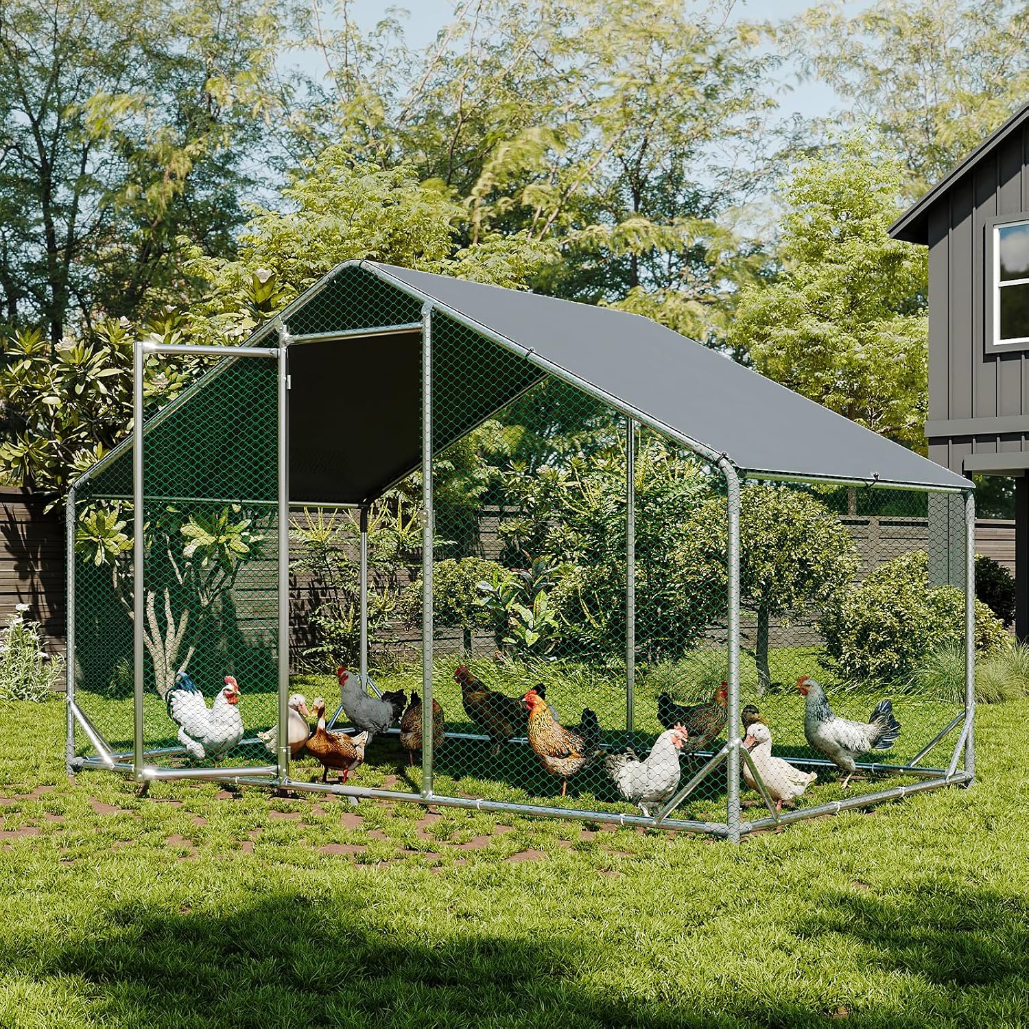 Aoxun Chicken Run Cage Walk-in Coop Pet Kennel Puppy poultry coops & cages Hen Animal Hutch House Playpen Garden Water-Resist Cover, Metal, 3 x 2 x 2M