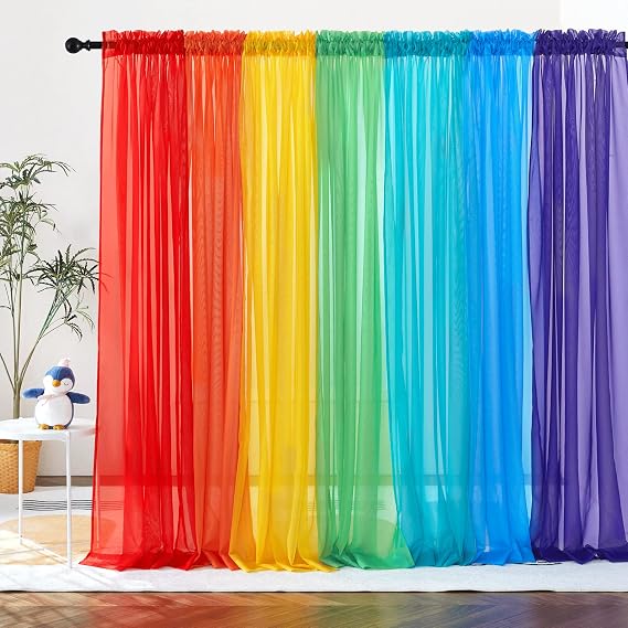 PONY DANCE 7 Pieces Set Colorful Sheer Curtains Rainbow Drapes, 52"W x 84"L