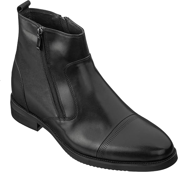 CALTO Men's Invisible Height Increasing Elevator Shoes - Black Premium Leather Lightweight Zipper Boots - 3.2 Inches Taller - S28001 - Size 11 D(M) US