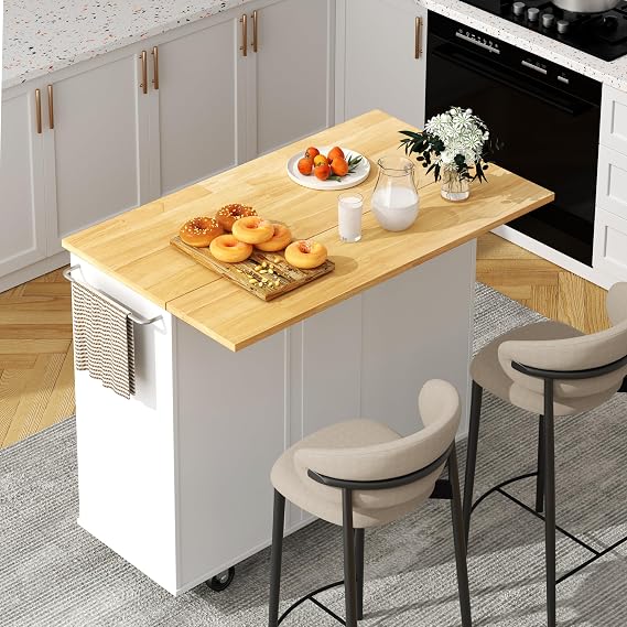 Shintenchi Kitchen Island with Folding Drop Leaf, Rolling Island Table with Storage, Kitchen Cabinet on Wheels with Seating Area for Kitchen, Bar Cart with Cabinet, White