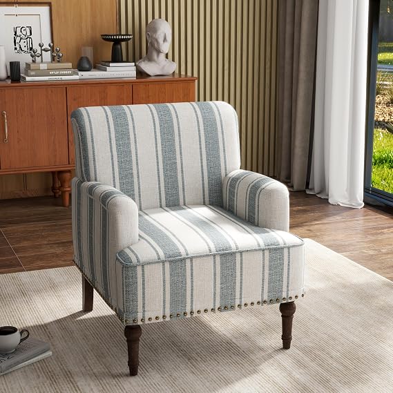Stripe Accent Chair, Fabric Upholstered Armchair, Blue