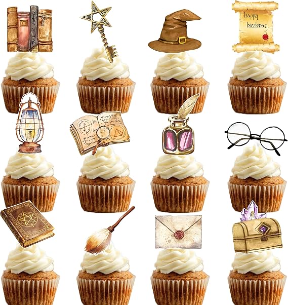 Magical Wizard Birthday Cupcake Toppers 48 Pieces Wizard Hat Flying Broomstick Cupcake Picks for Magic School Themed Party Dessert Decorations