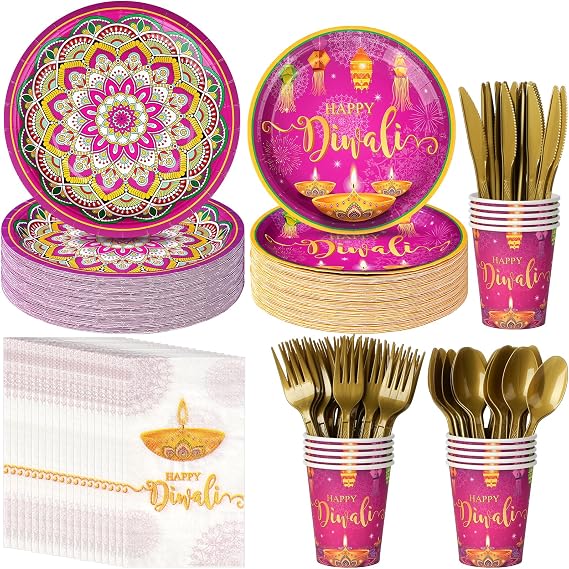 Happy Diwali Paper Plates and Napkins Serve 25, Diwali Party Supplies Decorations, Deepawali Festival of Lights Disposable Paper Plates Napkins Cups for Indian Light Festival Party Supplies