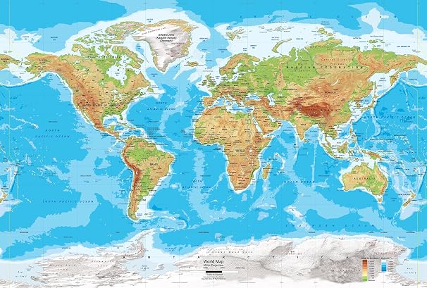 Academia Maps - World Map Wall Mural - Physical Map in Miller Projection Pre-Pasted Wallpaper