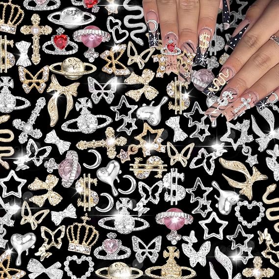105Pcs Silver Gold Nail Gems Charms Planet Crown Dollar Nail Gems for DIY