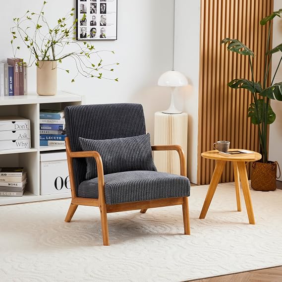 Accent Chair Mid-Century Modern Chair with Pillow Upholstered Lounge Arm Chair with Solid Wood Frame & Soft Cushion for Living Room, Bedroom, Balcony (Dark Grey)