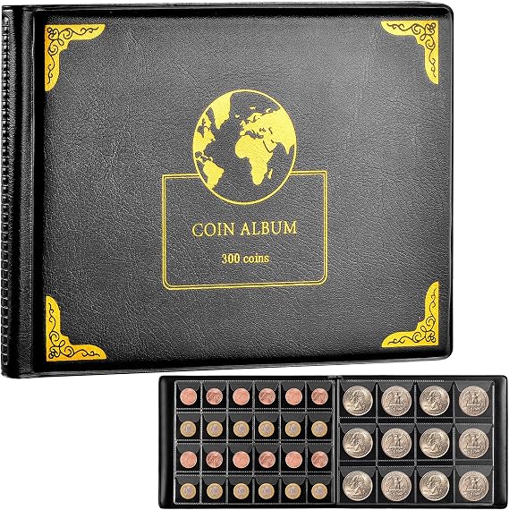 300-Pocket Coin Collection Album for Coins up to 38mm | PU Leather, 240 Small and 60 Large Pockets, Clear Anti-Drop Sleeves for Coin Collectors, Home Display and Storage