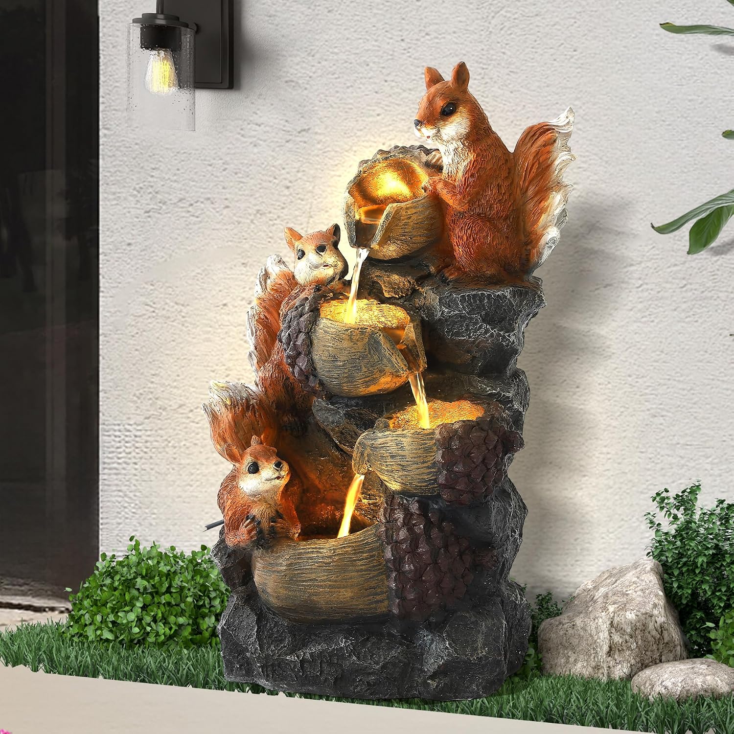 Outdoor Garden Water Fountain with Cascading Rock, 4-Tiers Fountains and Waterfalls with LED Lights,IndoorOutdoor Morden Floor Standing Water Feature w3 Squirrel Decor for Patio, Backyard