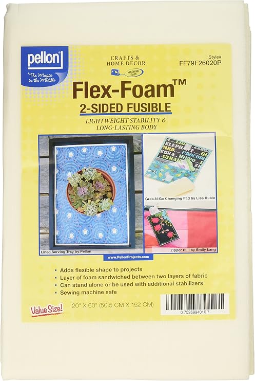 Pellon 2-Sided Fusible Flex-Foam Stabilizer Lightweight Double-Sided Fusible Foam for Sewing, Totes, Bags, Eyeglass Cases & Home Decor, 20" x 60" White
