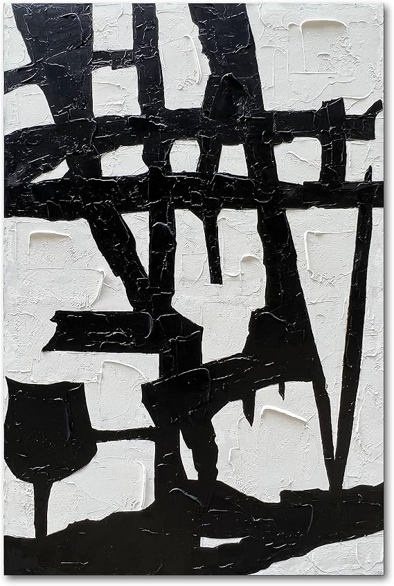 NANKAI Hand-Painted Black and White Wall Art Minimalist Black and White Abstract Painting Large Oil on Canvas Texture Wall Art 45x30 inches