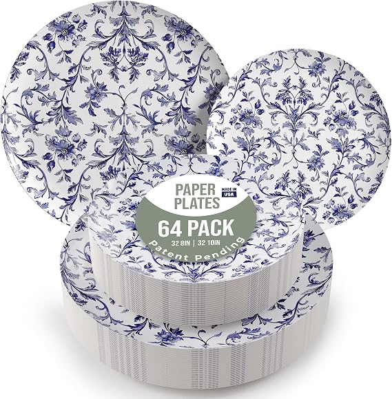 Trendables Heavy Duty Paper Plates Set For 32 Guests - 32 Each Of 8-inch And 10-inch Disposable Floral Dinner Plates Plates For Party - Fancy 64 Piece Dinnerware Set For All Occasions | Chantilly