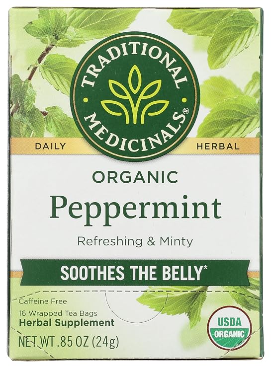Traditional Medicinals Organic Peppermint, 16 Tea Bags | Helps Soothe Belly from Occasional Gas and Bloating, Kosher, Non-GMO, Caffeine-Free, Compostable