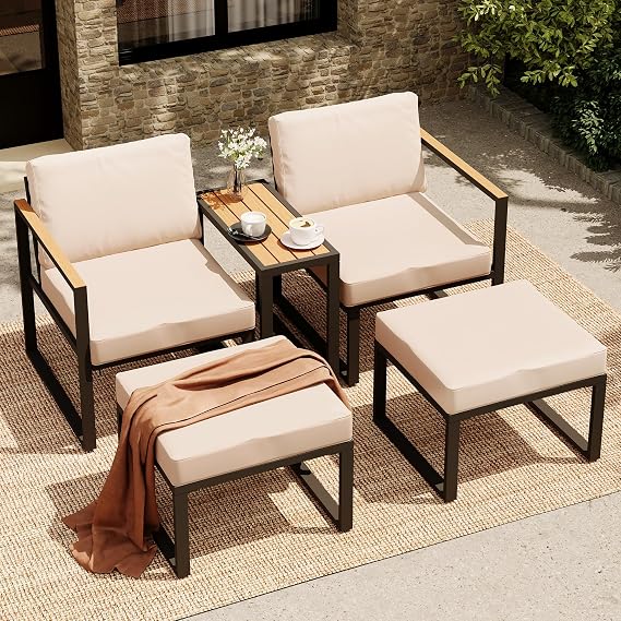 LAUSAINT HOME 5 Pieces Outdoor Conversation Set, Metal Patio Chairs with Thick Cushions 2 Ottomans&Side Table for Backyard, Poolside, Porch, Balcony (Beige)