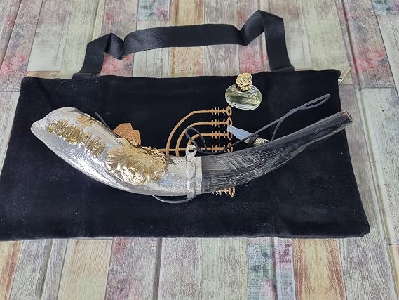 Kudu Shofar Anointing Oil Horn Set - Silver Plated Lion of Judah Design - 16-20" No Sound - Includes Bag & Oil Bottle