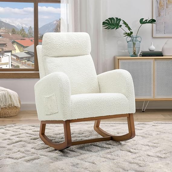 Nursery Rocking Glider Chair, Modern Fabric Tall Back Accent Rocker Chair Upholstered Arm Chair w/Side Pockets, Modern Leisure Single Sofa for Living Room, Hotel, Bedroom, Office, Cream