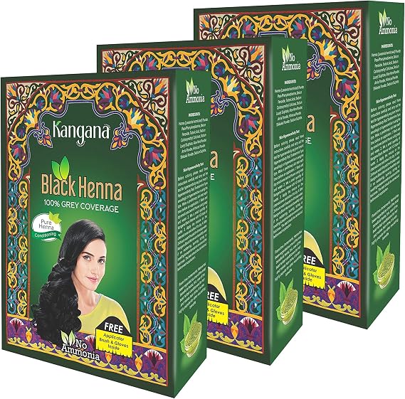 KANGANA Natural Black Henna Powder for Hair Dye/Color, 100% Grey Coverage, Chemical Free, Pack of 3 | Classic Black Henna Powder In A Three-Pack, Herbal Formula For Rich Grey Blending And A Deep Natural-Looking Finish.