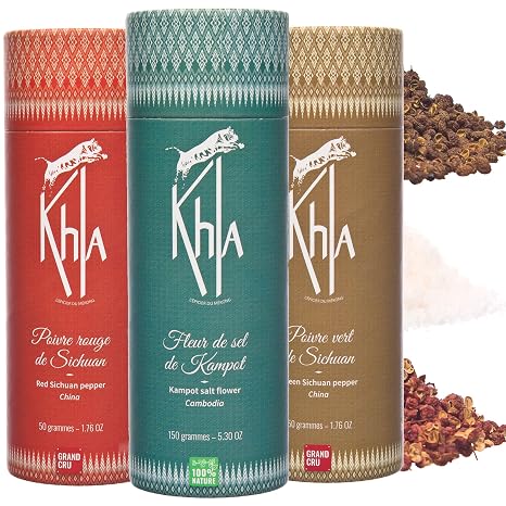Khla - Mékong Trio Gift Set - Szechuan Peppercorns & Kampot Sea Salt - Red & Green Pepper - Gourmet Spice Set Gift Idea - 150g & 2x 50g - Asian Spices from China & Cambodia
