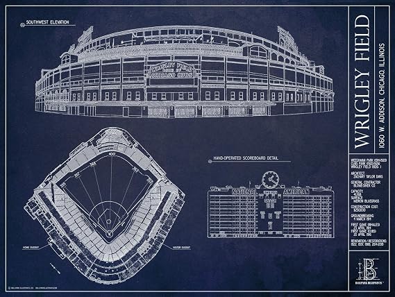 Ballpark Blueprints Wrigley Field Blueprint Style Print