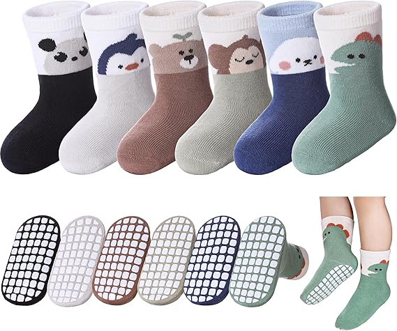Baby Toddlers Non Slip Socks with Grippers Cotton Crew Gift Grips Socks for Kids Boys Girls 6 Pairs