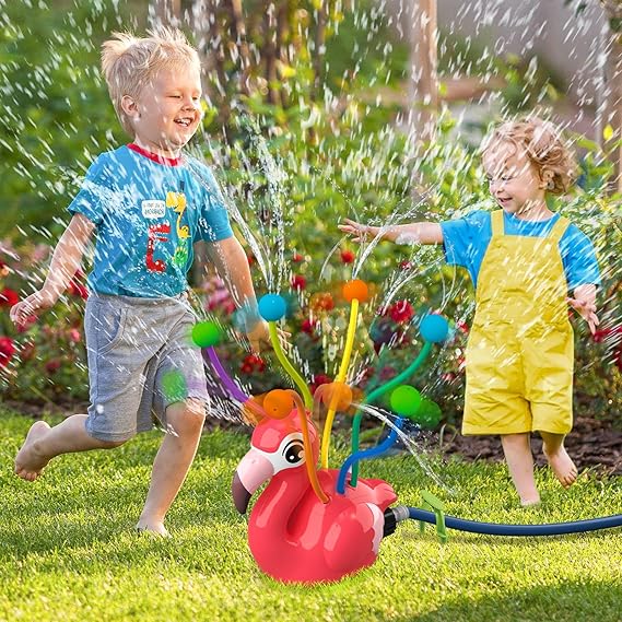Water Sprinkler Toy for Kids, Outdoor Spinning Sprinkler with Wiggle Water Tubes, Connects to Garden Hose, Backyard Lawn Splash Toy for Summer Outdoor Play, Flamingo