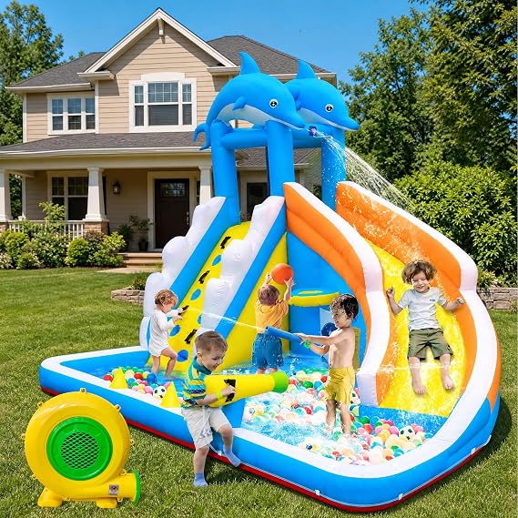 Inflatable Water Slide,5 in 1 Dolphin Inflatable Bounce House for Kids- Climbing Wall Splash Pool Water Cannon Basketball Rim - 480W Blower - for Indoor Outdoor Backyard Birthday Party