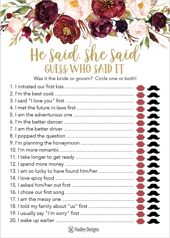 Hadley Designs Bridal Shower Games for 25 Guests Burgundy Floral He Said She Said Bridal Shower Games, Wedding, Engagement Party Activities