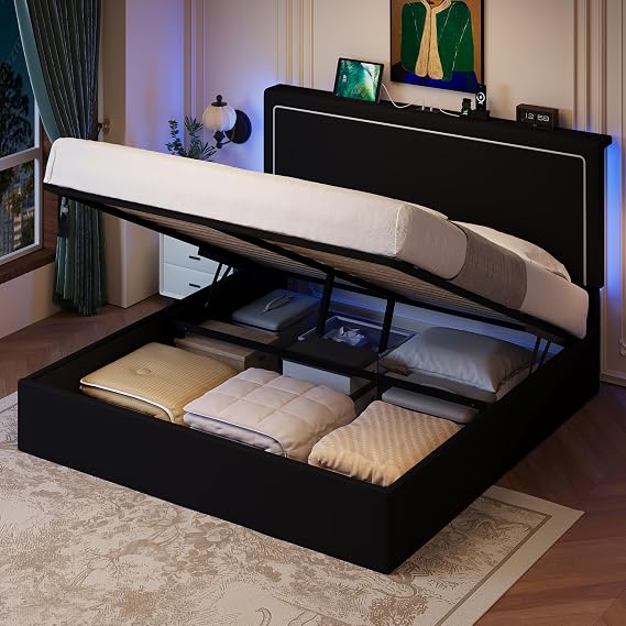 SHA CERLIN Queen Size Lift Up Storage Bed Frame with LED Lights, Black