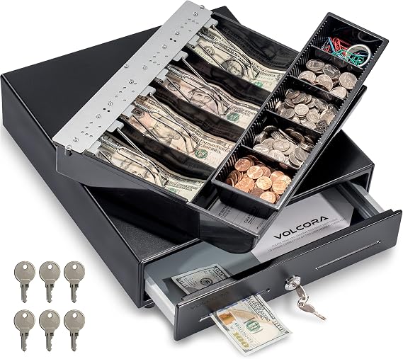 Volcora 13" Cash Register Drawer for Point of Sale (POS) System with Fully Removable 2 Tier Cash Tray, 4 Bill/5 Coin, 12-24V, RJ11/RJ12 Key-Lock, Double Media Slot, Small Money Drawer, Black