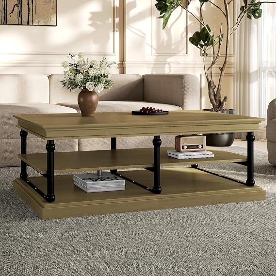 Christopher Knight Home Oner Living Room Coffee Table with Spacious 2-Tier Design, Modern Rubberwood Rectangular Side Table, Multifunctional Accent Table with Open Storage Shelves, Black + Brown