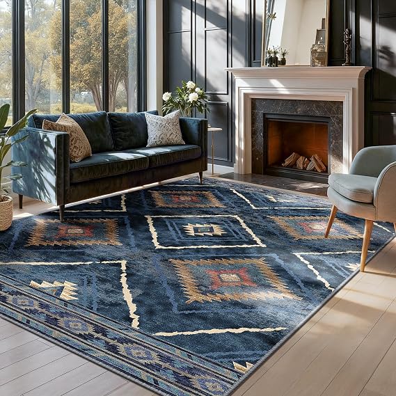 Machine Washable Rugs Living Room 120x180 cm, Kitchen Rugs Non Slip Washable, Soft Short Pile Vintage Blue Rugs for Bedroom, Moroccan Rug for Hallway, Diningroom, Blue