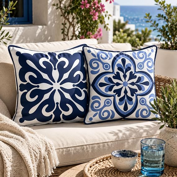 Waterproof Outdoor Pillow Covers 18x18, Set of 2, Blue & White Medallion Coastal Patio Throw Pillow Covers, Hidden Zipper, Covers Only