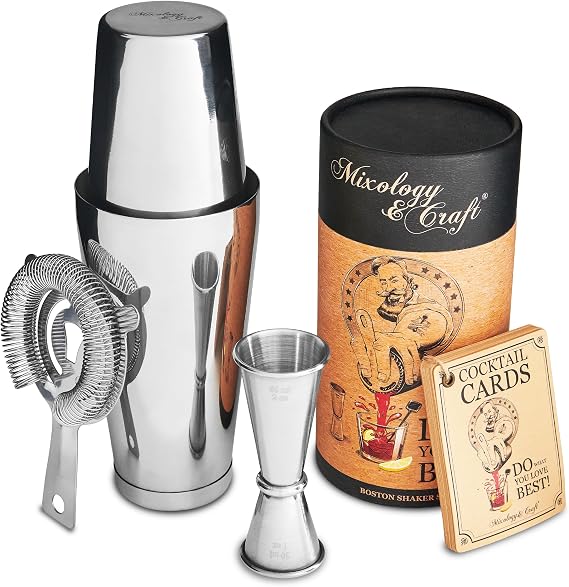 Cocktail Shaker Boston Shaker Set: Professional Weighted Martini Shakers, Cocktail Strainer and Japanese Jigger | Portable Bar Shaker Set for Drink Mixer Bartending | Exclusive Recipes Cards (Silver)