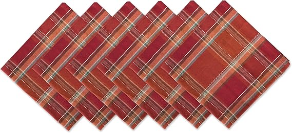 DII Autumn Pumpkin Spice Kitchen Collection Fall/Thanksgiving Cotton Table Decor, Square Napkin Set, 20x20, Orange Plaid, 6 Piece